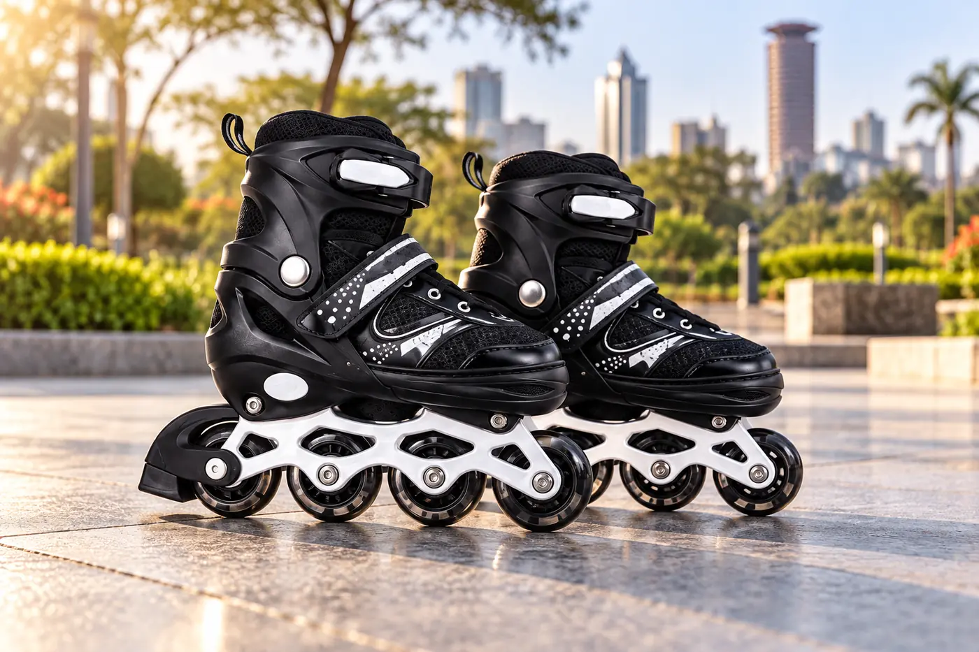 Black roller skates in an outdoor setting