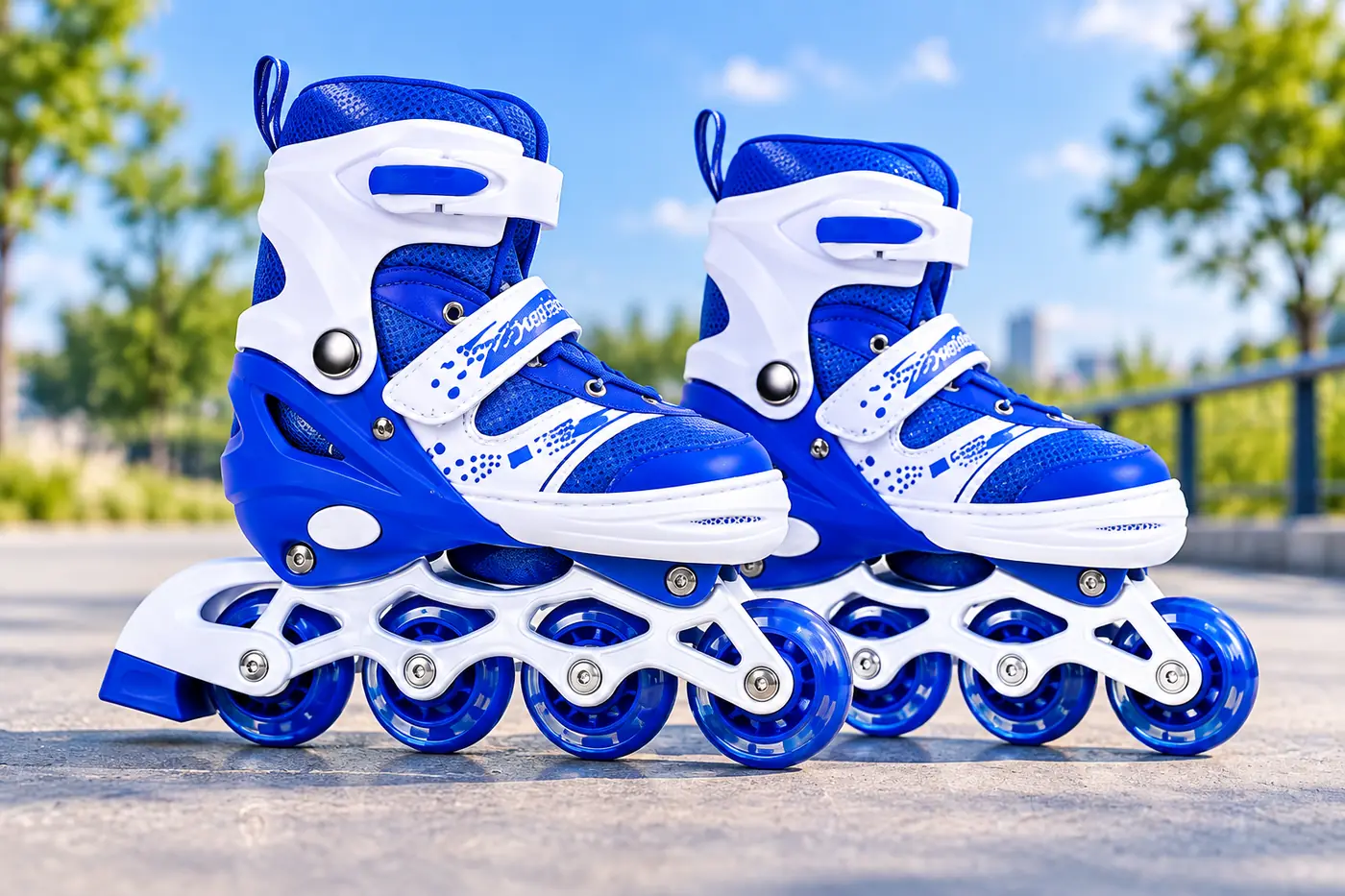 Blue roller skates in an outdoor setting