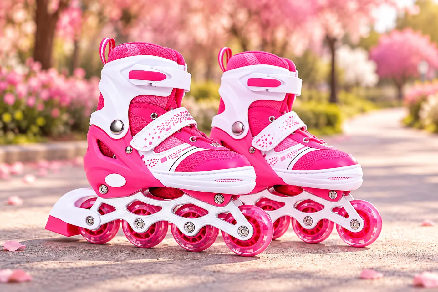Pink roller skates in an outdoor setting