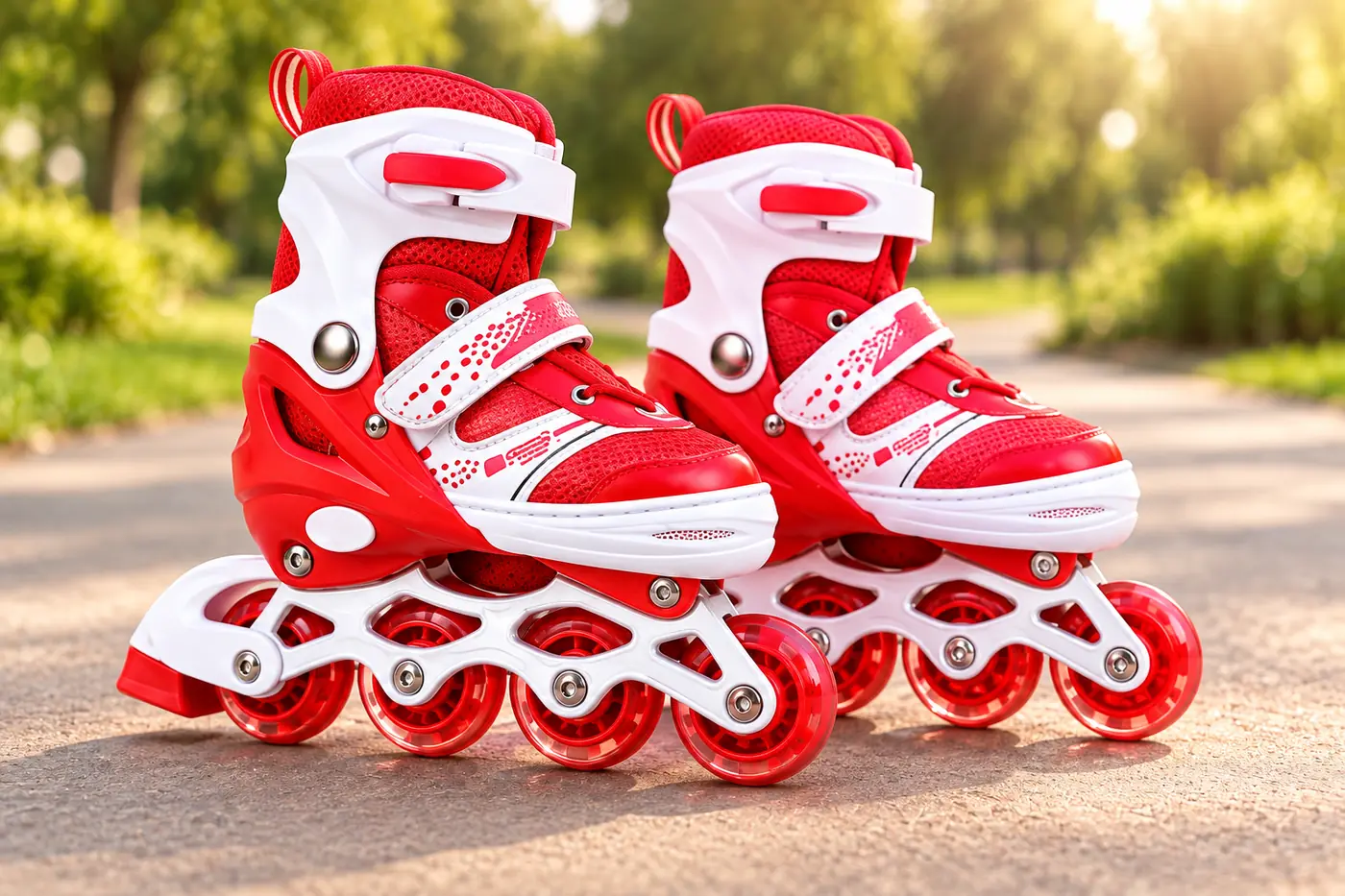 Red roller skates in an outdoor setting
